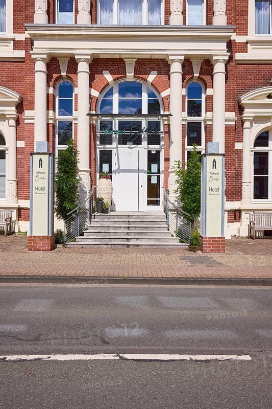 Entrance to the Hotel Weberei Bendix in the warehouse of the former Bendix weaving and spinning mill on Lüdinghauser Strasse in Dülmen, Münsterland, Coesfeld district, North Rhine-Westphalia, Germany, Europe
