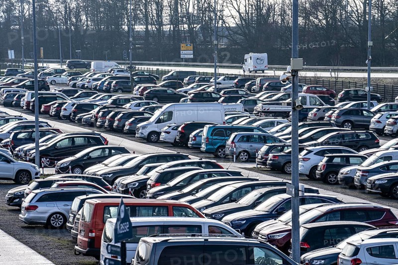 Large car park at the ferry terminal to the East Frisian islands of Norderney and Juist, Lower Saxony, Germany, Europe