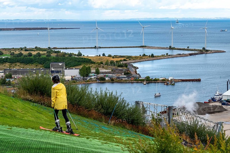 CopenHill, waste incineration plant and artificial ski slope, skiing with a view of the Øresund, 90 metres high and 400 metres long slope on artificial turf, Copenhagen, Denmark, Europe
