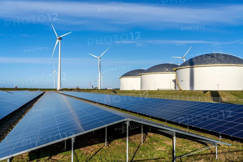Vopak Solarpark Eemshaven, 19 hectares of solar modules with a capacity of 25 megawatts, around the Vopak tank terminal in the industrial harbour of Eemshaven, wind farm, Groningen, Netherlands