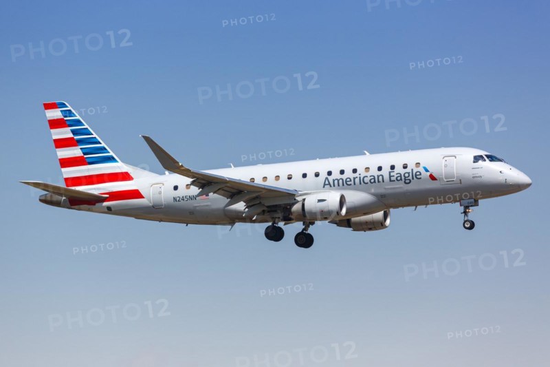 An Embraer 175 aircraft of American Eagle with the registration number N245NN at Dallas Fort Worth Airport, USA, North America