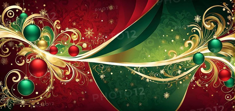 Abstract wallpaper illustration of Christmas symbols for gift cards, swirling shapes and lines, in red green and golden colors, AI generated