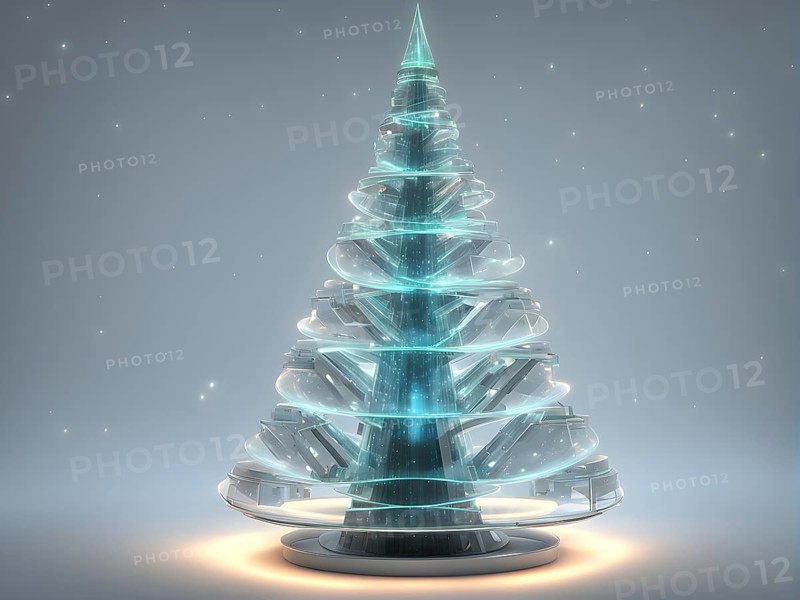 A three dimensional rendering of a futuristic Christmas tree made of glowing, semi-transparent glass, AI generated