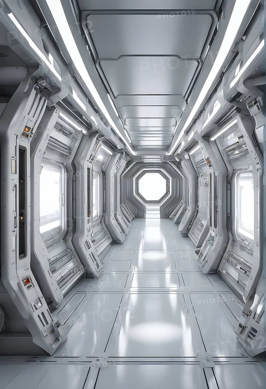 Three dimensional render of futuristic corridor inside a spaceship or space station, AI generated