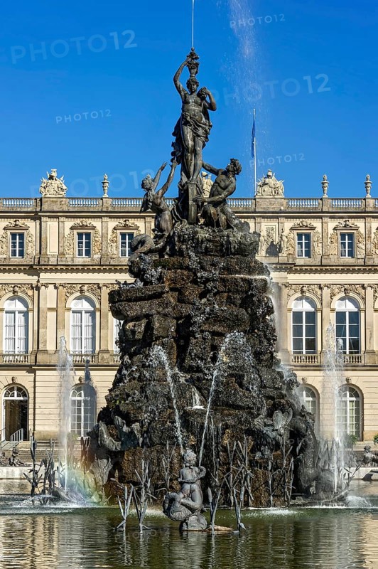 Fountain figure of the goddess Fortuna on the wheel of fortune, Fortuna fountain, Fortunabrunnen, fountain, water parterre, castle park, Herrenchiemsee castle, Herreninsel, Chiemsee, Chiemgau, Upper Bavaria, Bavaria, Germany, Europe