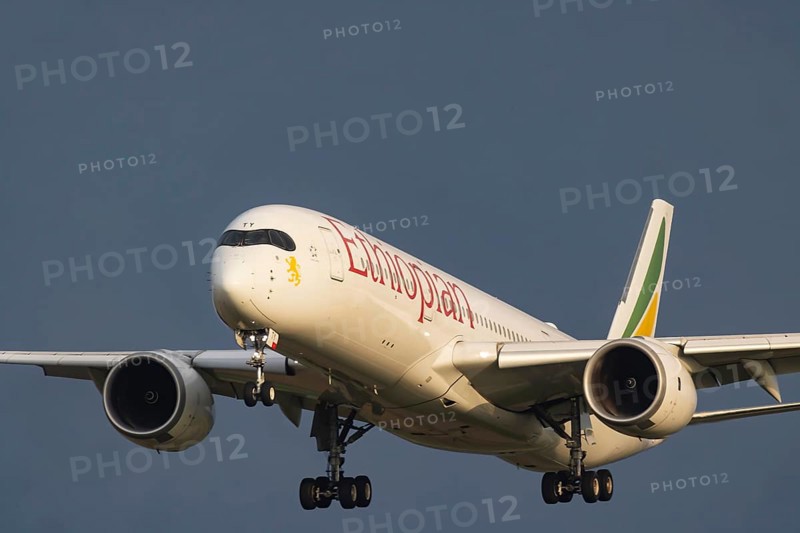 Aircraft approaching Zurich Airport. Registration: ET-ATY, Airbus A350-941, Ethiopian Airlines. Zurich, Switzerland, Europe