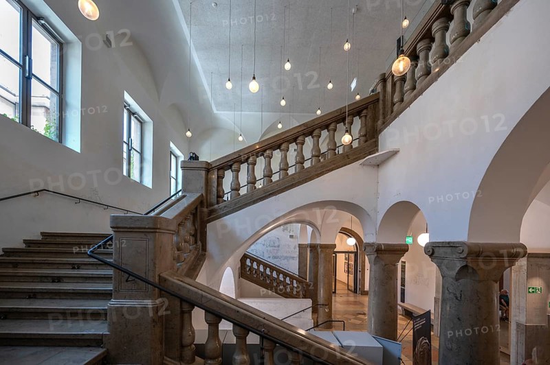 Staircase in the Künstlerhaus built in 1910, cultural institution of the City of Nuremberg, Nuremberg, Central Franconia, Bavaria, Germany, Europe