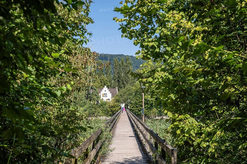 Wooden bridge over the Rhine to the monastery island of Werd, Franciscan convent, Stein am Rhein, Lake Constance, Canton Schaffhausen, Switzerland, Europe