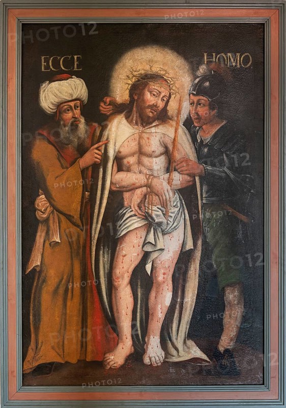 Medieval Lenten cloth in a frame, Dominican nunnery Wettenhausen, Swabia, Bavaria, Germany, Europe