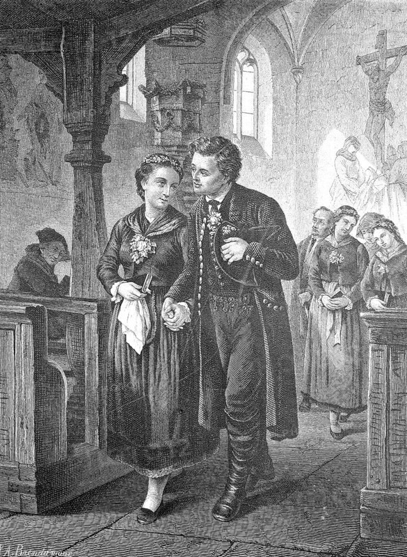 After the wedding ceremony, newly married couple leaving the church, Traditional traditional costume, Austria, Historical, Digitally restored reproduction from a 19th century original, Record date not stated, Europe