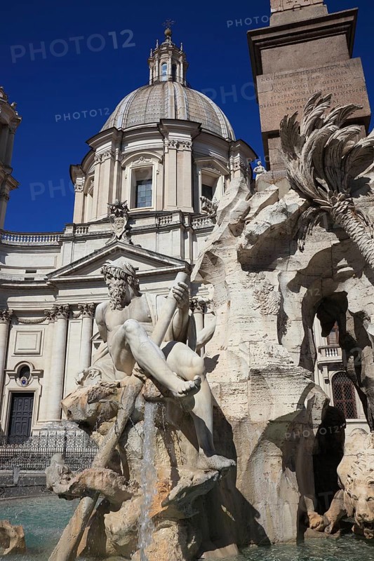 River God of the Ganges at the Fountain of the Four Rivers, Fontana dei Quattro Fiumi, Church of Sant'Agnese in Agone, Piazza Navona, Parione neighbourhood, Rome, Italy, Europe