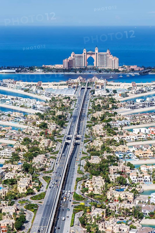 The Palm Jumeirah with Atlantis Hotel artificial island from above in Dubai, United Arab Emirates, Asia