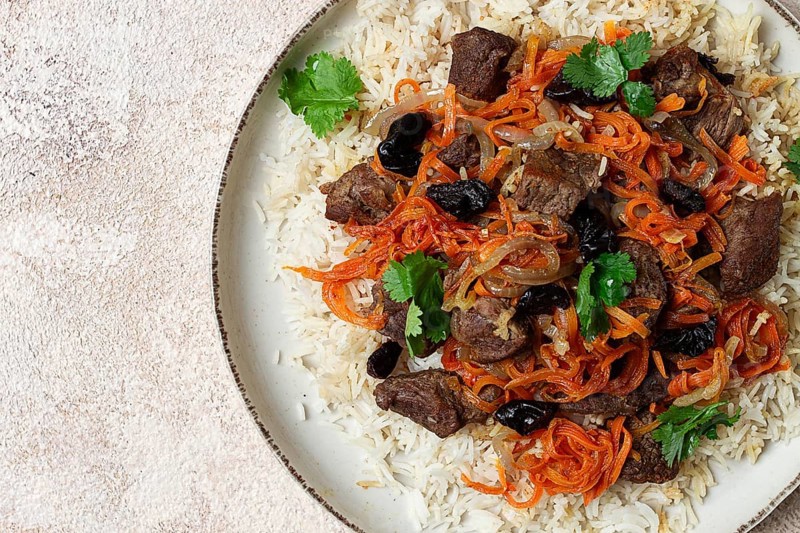 Kabuli pulao, pilaf, the national dish of Afghanistan, rice with meat, homemade, no people