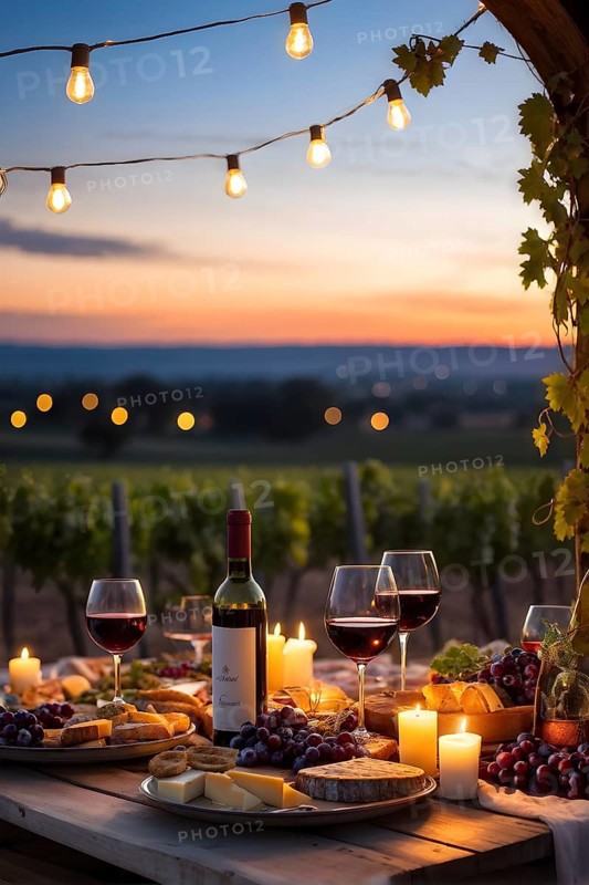 AI generated wine tasting table setup with wine and vine grapes nestled subtly amidst a thriving vineyard bathed in golden hour light