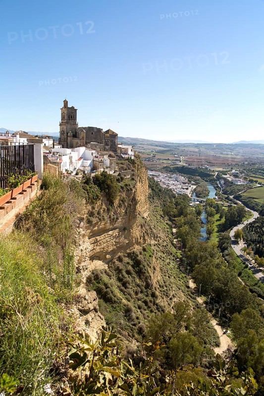 Cliff top buildings church of San Pedro, village of Arcos de la Frontera, Cadiz province, Spain, Europe