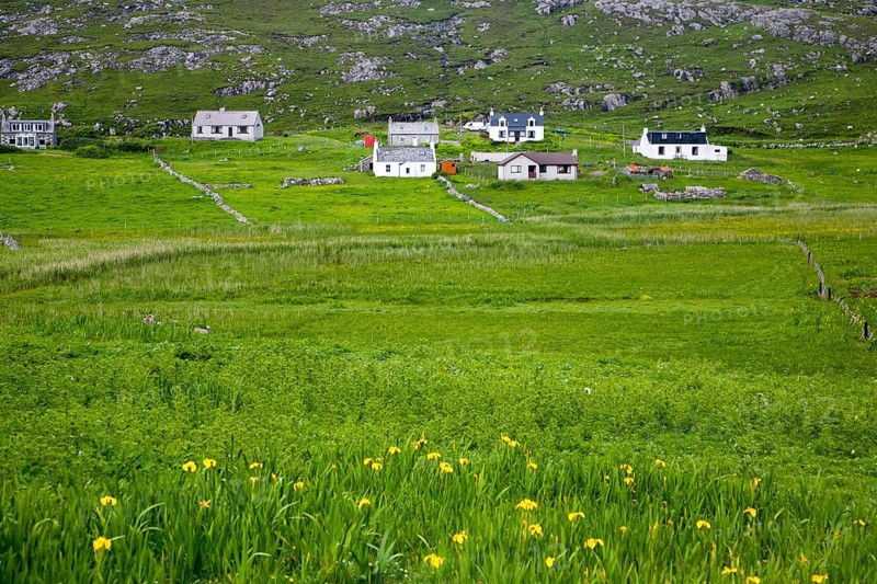 Landscape of countryside and croft houses in the rural settlement of Baile na Creige, Borgh, Barra, Outer Hebrides, Scotland, UK