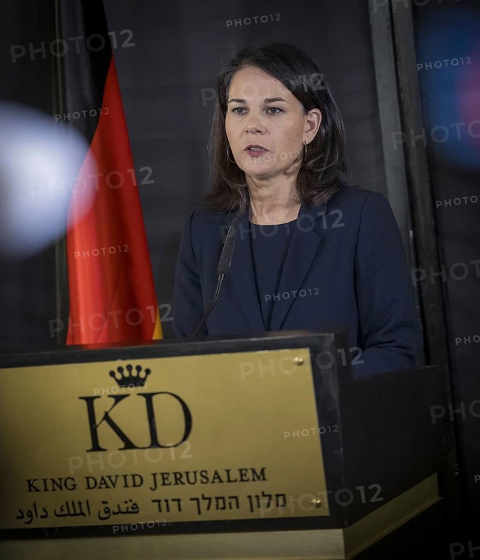 Annalena Bärbock (Alliance 90/The Greens), Federal Foreign Minister, photographed during her visit to Israel. Here is a press statement in Hotel King David. 'Photographed on behalf of the Federal Foreign Office'