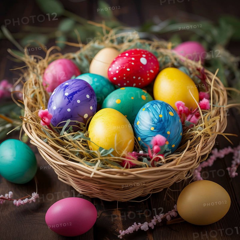 Easter celebration, featuring a collection of brightly colored eggs, each intricately painted with various patterns and designs, placed in a wicker basket, AI generated
