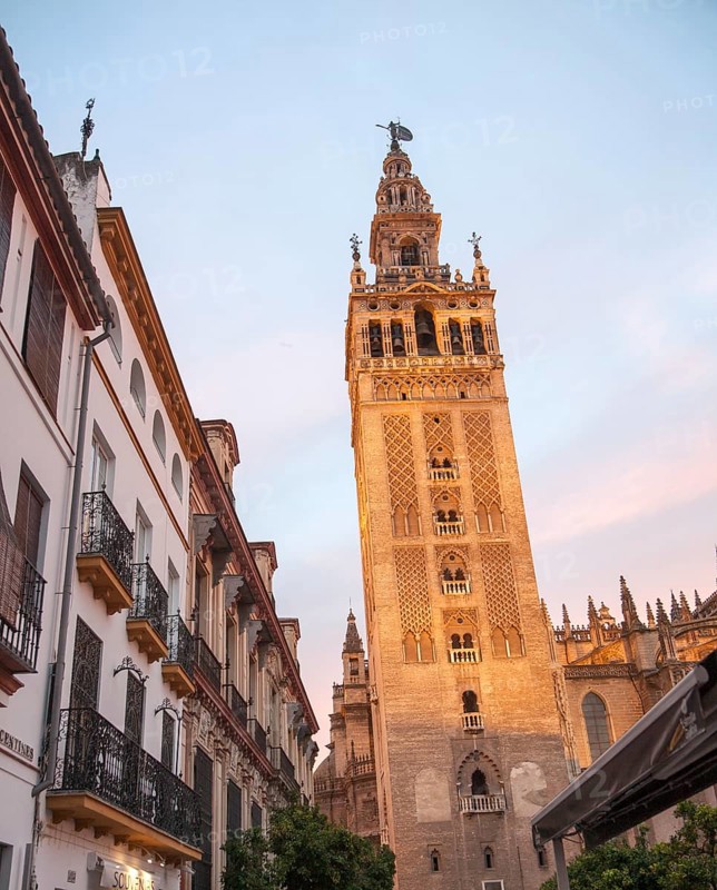 La Giralda tower of the cathedral originally built as a Moorish minaret in the twelfth century, Seville, Spain, Europe