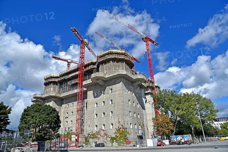Europe, Germany, Hanseatic City of Hamburg, St. Pauli, former bunker on Feldstrasse, construction work, conversion and extension to a hotel and event centre, exterior design to create a green bunker, opening 2024, Europe