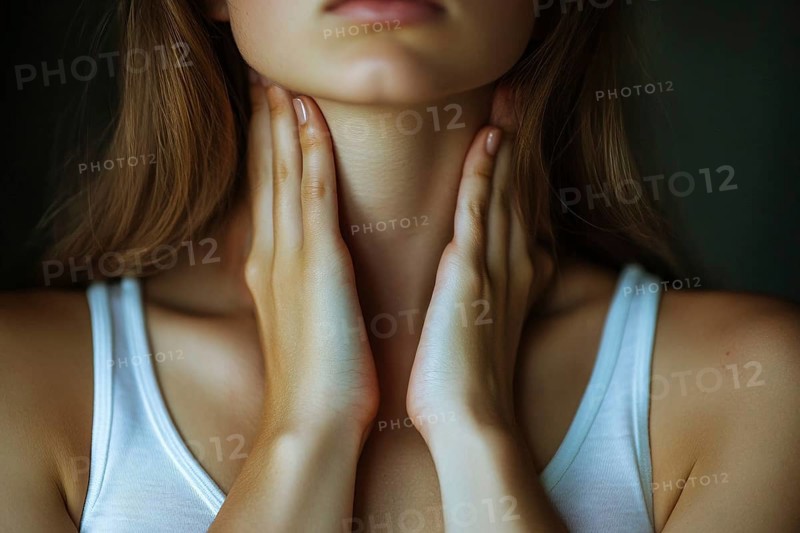 Close up of woman holding hands to throat. Generative AI, AI generated