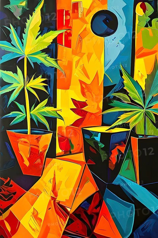 Abstract composition of a cannabis cafe with ambiance bold contrasting colors and playful shapes, AI generated