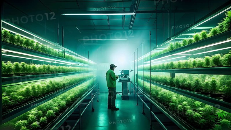 Cannabis cultivation facility in flourishing condition neatly arranged rows of vibrant green plants, AI generated
