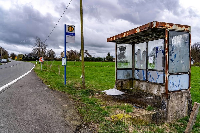Old, dilapidated bus shelter on a country road, B 483, near Radevormwalde Landwehr, bus route 339, North Rhine-Westphalia, Germany, Europe