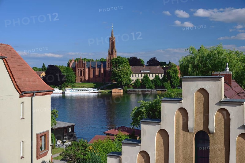 Europe, Germany, Mecklenburg-Western Pomerania, island town Malchow, view to the cultural centre Kloster Malchow, monastery complex from the 13th century with neo-Gothic church from the 19th century, Malchow, Mecklenburg-Western Pomerania, Germany, Europe
