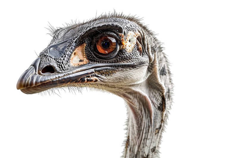 Close up of head of Gallimimus dinosaur on white background. Generative Ai, AI generated