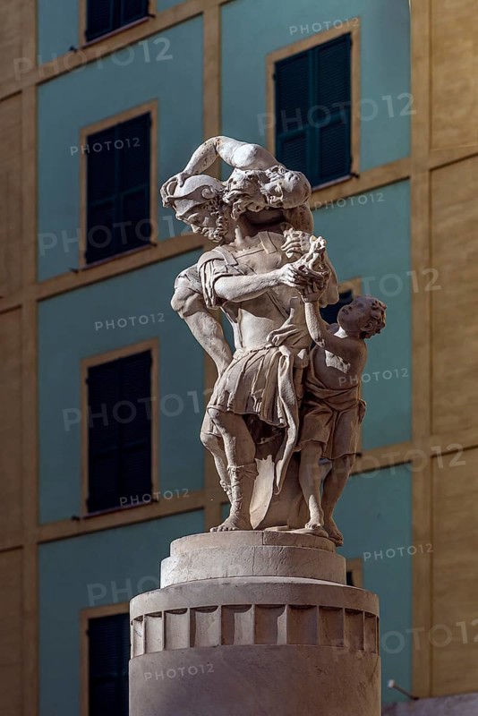 Aeneas with Anchises and Ascanio, 1726, statue by Francesco Baratta (1600-1666), Piazza Bandiera, Genoa, Italy, Europe