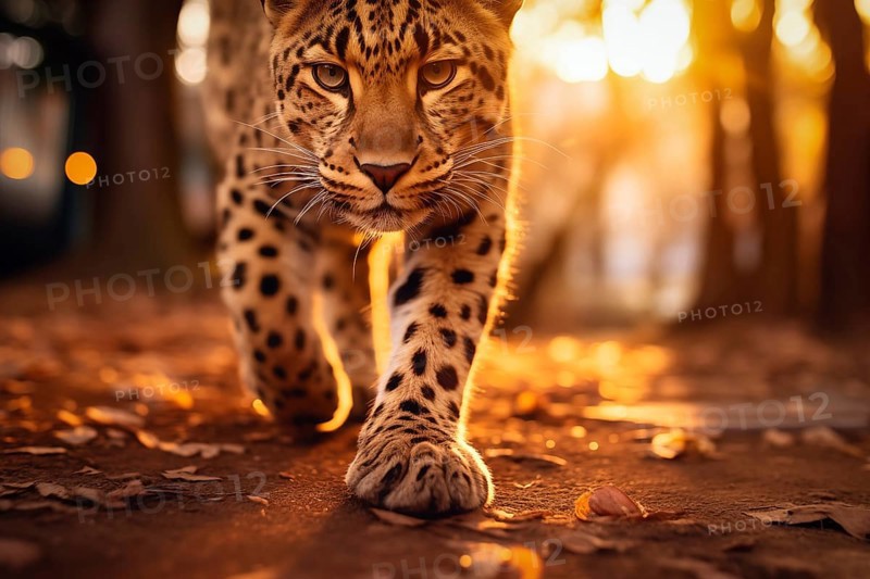 Baby leopard walking with confidence during the golden hour, showcasing its spotted fur and innocent eye, AI generated