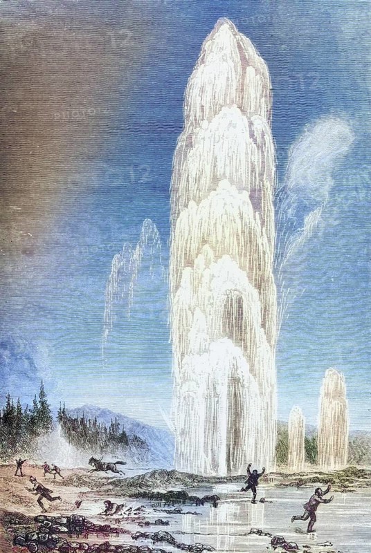 Eruption of the Giantess Geyser in Yellowstone National Park in the 1870s. From American Pictures Drawn With Pen And Pencil by Rev Samuel Manning c. 1880, United States, America, Historic, digitally restored reproduction from a 19th century original, Record date not stated, North America