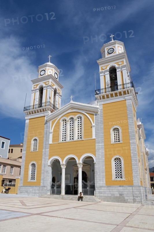 Modern church with yellow façade and two towers on a public square, Cathedral, Ypapantis Sotiros, Kalamata, Messinia, Peloponnese, Greece, Europe