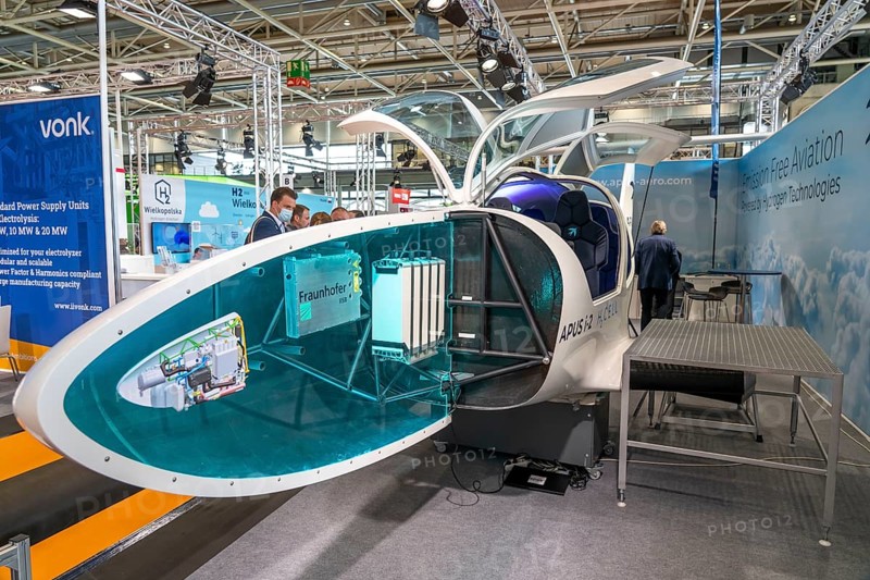 First day at the Hannover Messe 2022, industrial trade fair, after a 2-year corona break, prototype of the APUS i-2 hydrogen aircraft, exhibition hall focussing on fuel cells, hydrogen drives, Lower Saxony, Germany, Europe