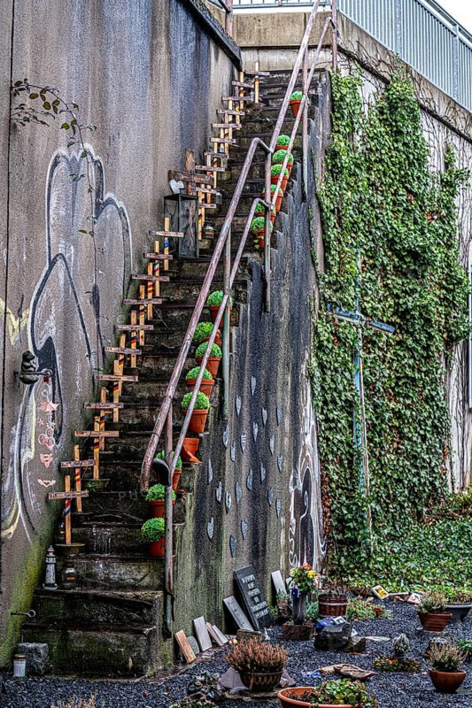 Memorial to the victims of the Love Parade disaster on 24 June 2010, in which 21 people died and over 500 were seriously injured, at the site of the disaster, at the Karl-Lehr-Straße tunnel, Duisburg