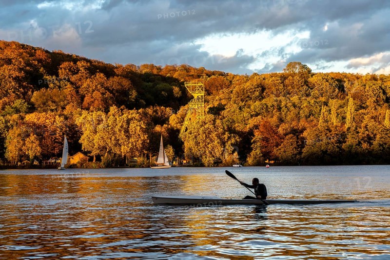 Lake Baldeney, a reservoir of the Ruhr, in Essen, autumn, sailing boats, headframe of the former Carl Funke colliery, in the district of Heisingen, Essen, North Rhine-Westphalia, Germany, Europe