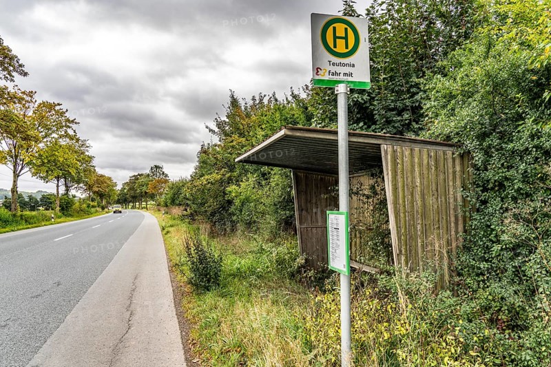 Bus stop in the countryside, on the L828, on Eggestraße, neglected bus shelter, line to Willebadessen, Ostwestfalen Lippe, bus route 541, bus stop Teutonia, Verkehrsverbund fahr mit - Mobil im Hochstift, North Rhine-Westphalia, Germany, Europe