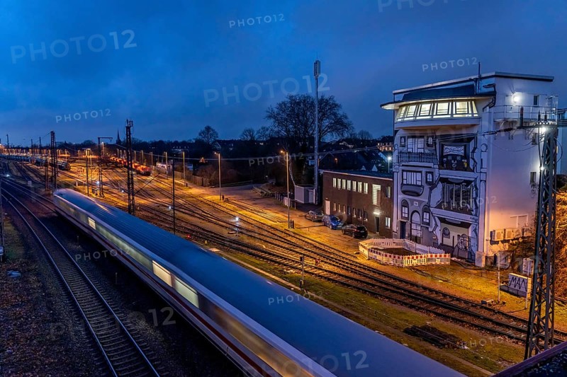The Deutsche Bahn AG signal box in Mülheim-Styrum, controls train traffic on one of the busiest railway lines in Germany, between Essen and Duisburg, suburban trains, regional trains, ICE and IC long-distance trains and freight traffic, North Rhine-Westphalia, Germany, Europe