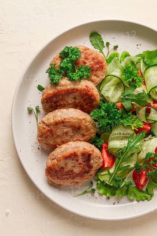 Fried cutlets, turkey, with vegetable salad, top view, no people