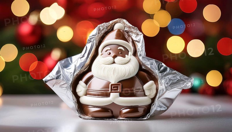 Chocolate Father Christmas, half wrapped in aluminium foil, in front of a Christmas background, AI-generated image, AI generated