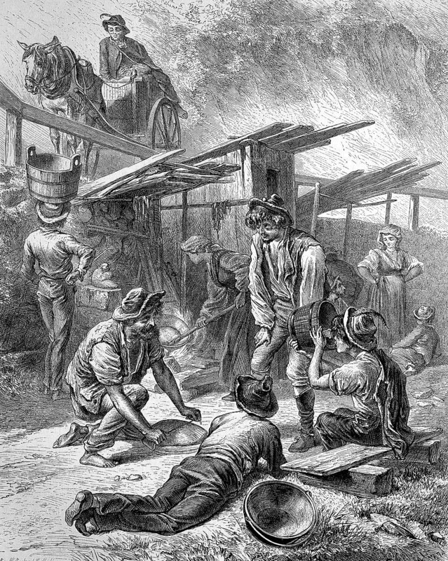 Lunch, lunch break, distribution of polenta in a labour camp, Italian workers building a railway in Germany, Historical, digitally restored reproduction from a 19th century original, Record date not stated