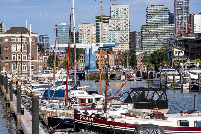 Rotterdam Marina, behind high-rise buildings in the Maritiem District on the other side of the Nieuwe Maas, bascule bridge, pleasure craft harbour, sailing boats, motor yachts, in the inland harbour, Feijenoord district, Rotterdam, Netherlands