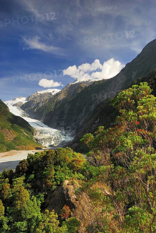 View from Sentinel Rock to Franz Josef Glacier, Westland National Park, South West New Zealand World Heritage Site, Southern Alps, West Coast, South Island New Zealand, Franz Josef Glacier, Southern Alps, New Zealand, Oceania