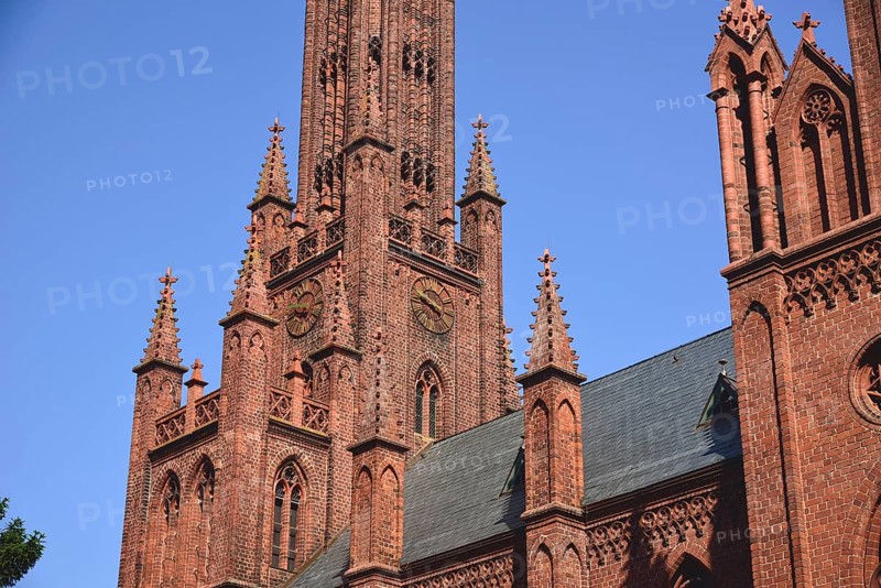 Europe, Germany, Mecklenburg-Western Pomerania, island town Malchow, view to the cultural centre Kloster Malchow, monastery complex from the 13th century with neo-Gothic church from the 19th century, Malchow, Mecklenburg-Western Pomerania, Germany, Europe