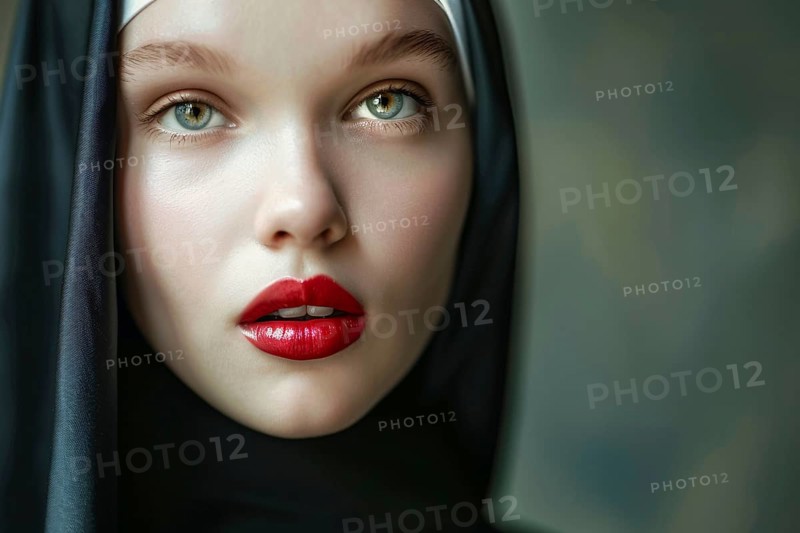Face of young attractive woman with red lipstick and christian nun habit with veil. Generative Ai, AI generated