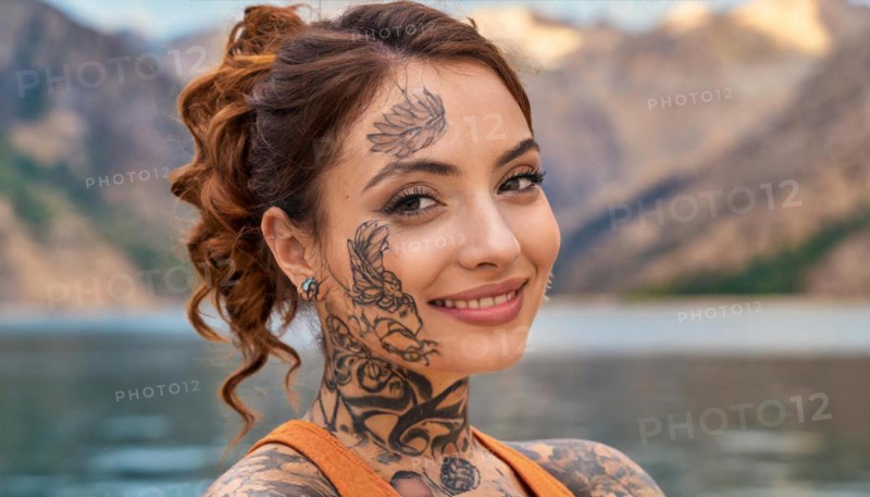 Portrait of a smiling woman with eye-catching tattoos against a mountain backdrop, AI generated, AI generated