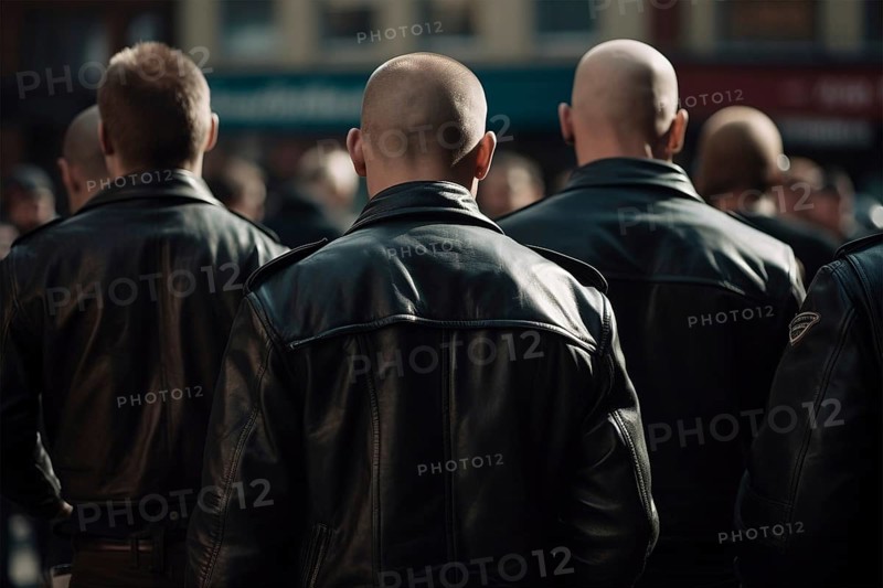 Back view of neo nazis with bald shaved heads and leather jackets at protest. KI generiert, generiert AI generated