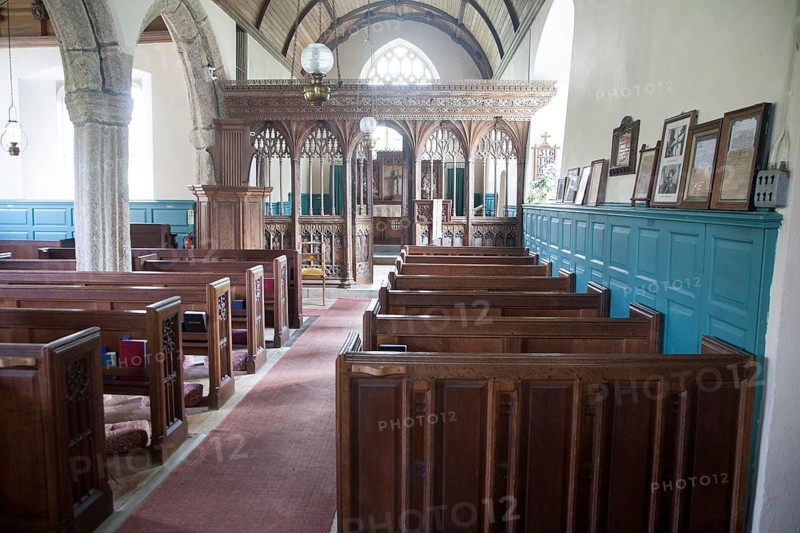 Wooden pews and rood screen of small village church of Saint Peter, Buckland in the Moor, Dartmoor national park, Devon, England, United Kingdom, Europe