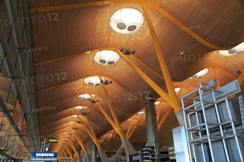 Modern architecture ceiling interior of terminal 4 building, Adolfo Suárez Madrid–Barajas airport, Madrid, Spain, Europe